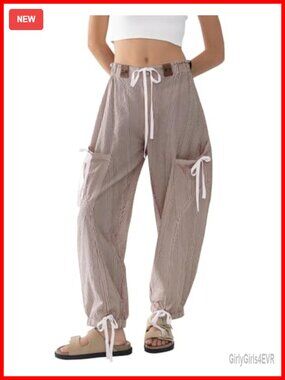 Striped Barrel Pants Drawstring Casual Baggy Boyfriend Y2K Streetwear Parachute